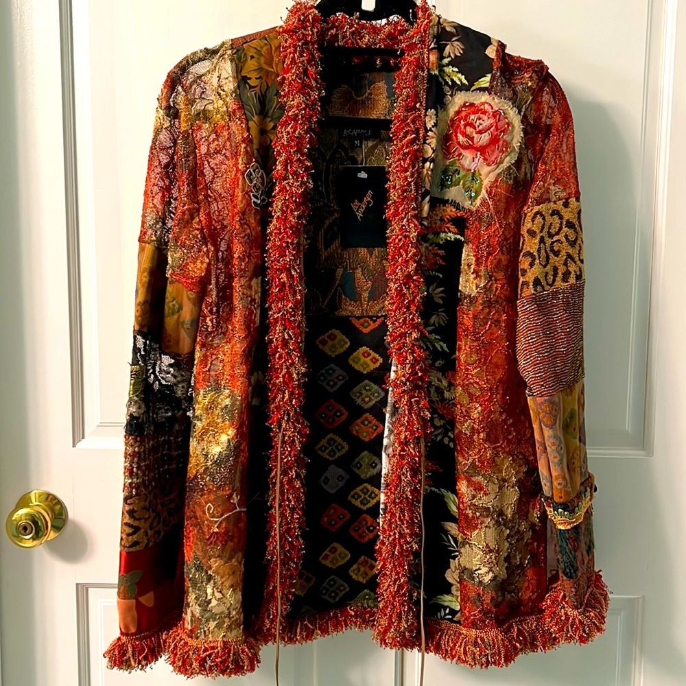 Lee Andersen tapestry/multi jacket/cardigan. Decorative ties. Sheer panels. NWT
